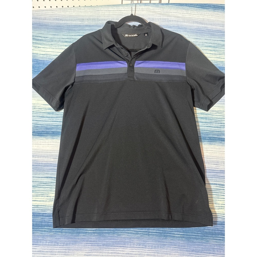 TravisMathew Performance Golf Polo Shirt Mens Large Black Purple Stripe Stretch